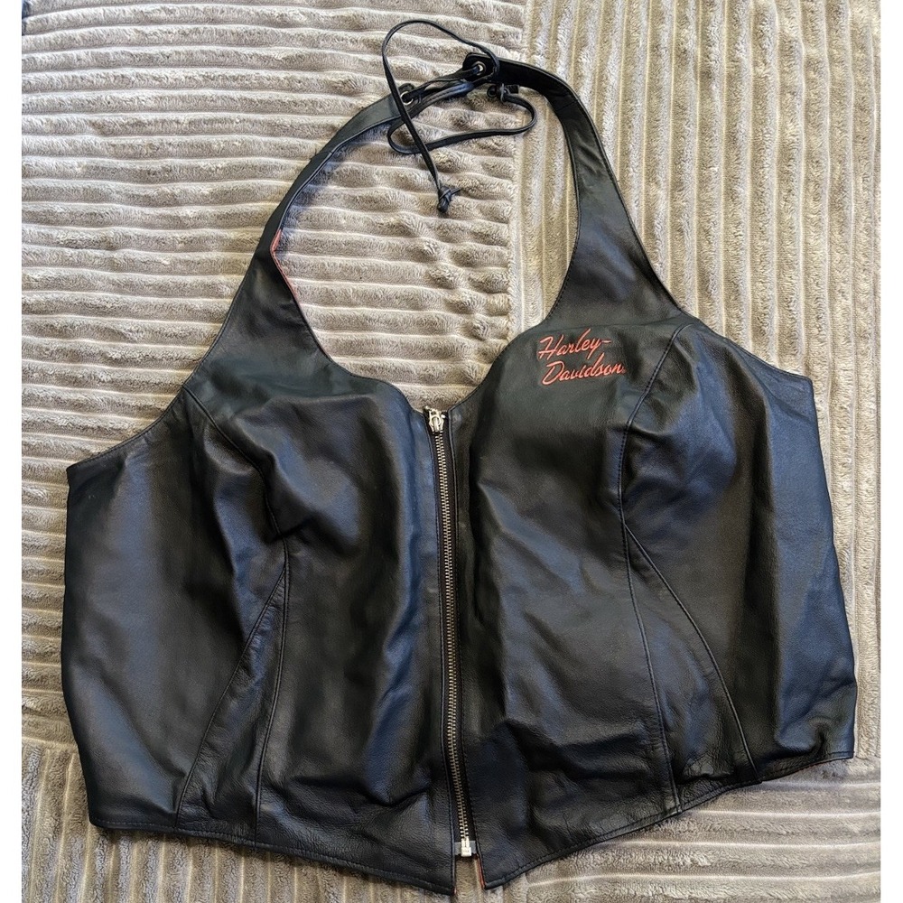 Harley Davidson Women's Black Leather Vest Zip Front Sz 2W Embroidery Logo Lined